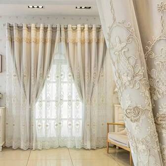 1pc Double Layer Embroidered Blackout Curtain, Suitable For Living Room, Bedroom, Dining Room, Kitchen, European Romantic Style, Embroidered Curtain, Home Decor