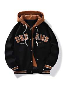 男士连帽抽绳前扣字母印花休闲长袖夹克和外套，适合秋季