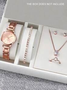 6pcs Compact And Elegant Women's Quartz Watches, Multi-Piece Set Of Ladies' Light Luxury Style Jewelry And Watches With Heart-Shaped Rhinestone Decorations. Metal Strap Watch Paired With Heart Bracelet, Necklace, Earrings, And Ring, Fully Showcasing A Sweet, Light Luxury Romantic Vibe. Comfortable To Wear, Suitable For Refined Everyday Commuting Outfits, Eye-Catching Looks For Dates And Shopping