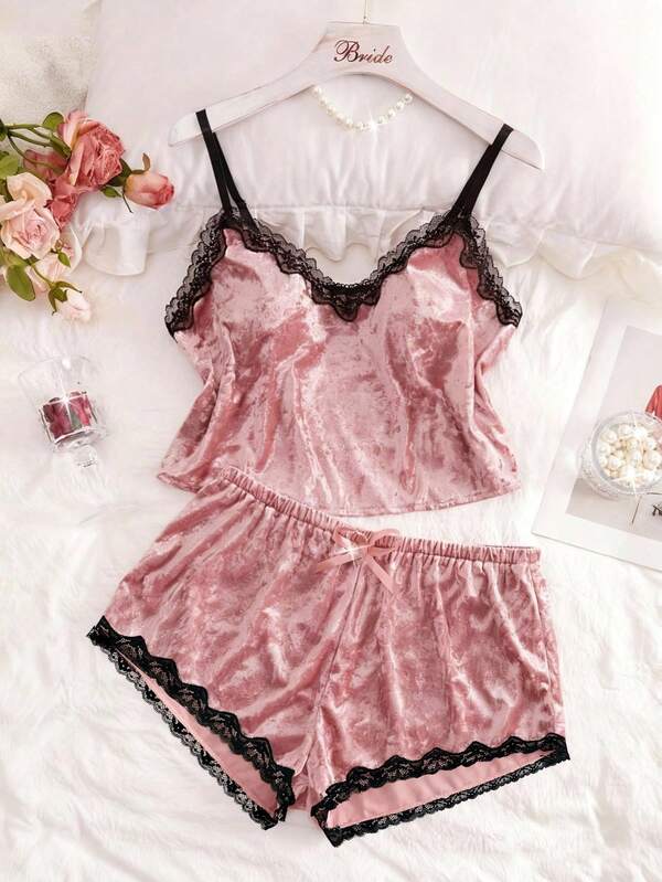 2pcs Elegant Lace-Trimmed Velvet Pajama Set For Women, V-Neck Spaghetti Strap Top With Elastic Waist Shorts, Polyester Knit Fabric, Solid Color, Sleeveless, Pullover Style, With Contrast Lace Detail, For All-Season Sleepwear