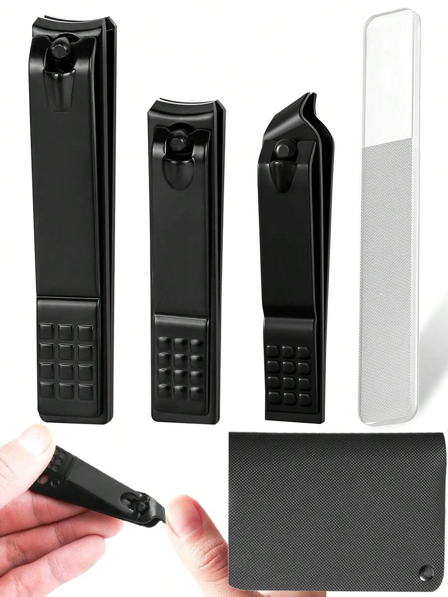 Nail Clipper Set, 4PCS Ultra Sharp Nail Clippers For Men, Women, Adults Toenail Fingernail Clippers, Stainless Steel Nail Cutter & File, Black, With Leather Travel Case - Black - View 1