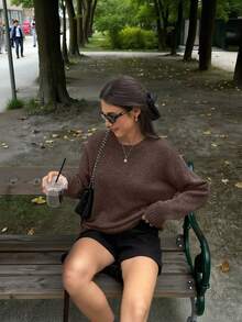 SEREN 秋冬新款咖啡棕色圆领长袖针织套头衫女上衣 时尚宽松简约大气经典优雅慵懒风适合日常出门通勤毛衣秋季女装 - 咖啡棕 - 查看 2