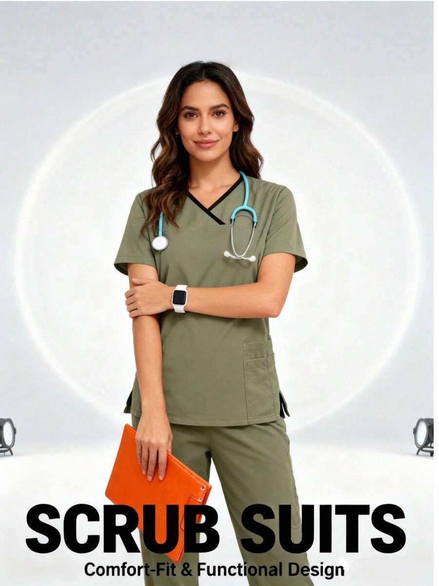 Damen Scrubs Set - Scrub Top mit Kontrastkragen & Jogginghose, modische Krankenschwester-Uniform, hohe Wiederkaufrate!