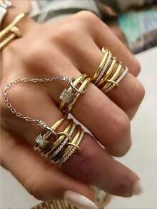 Anillo abierto de color plateado con doble aro, con un toque elegante y único, adecuado para chicas, un regalo versátil para el cumpleaños de la novia, accesorio hecho a mano - Dorado - Ver 1