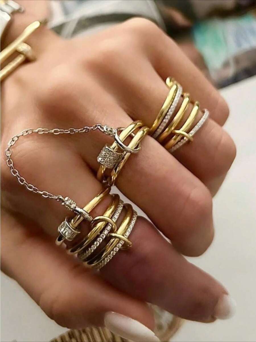 Anillo abierto de color plateado con doble aro, con un toque elegante y único, adecuado para chicas, un regalo versátil para el cumpleaños de la novia, accesorio hecho a mano - Dorado - Ver 1