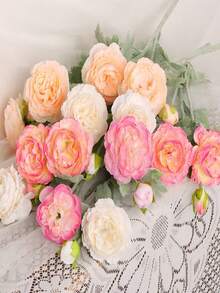 Artificial Peonies 6pcs Ranunculus Silk Flowers 18Heads Pink Flowers Combo Champagne Fake Flowers Floral Arrangements Wedding Decorations For Home Kitchen