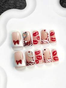 10pcs Valentine's Day Nail Art Set, Includes Lip Shaped Nail Stickers, French Manicure Stickers, Hand-Painted Wave Nail Stickers, Shiny Hearts, Bow Nail Decorations, White Nail Polish, Red Gel Nail Polish, 3 Sizes Available: Almond, Duck Mouth, Coffin Shape, Comes With Nail Tools, Suitable For Parties, Valentine's Day, Casual Wear, Great Gift Nails - 彩色 - 查看 3