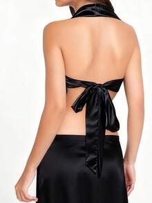 Women's Halter Neck Vest Summer Sleeveless Open Back Solid Color Satin Tank Tops - 黑色 - 查看 7