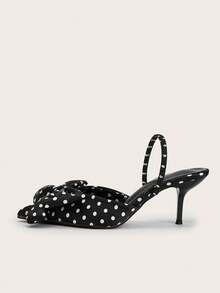 Black Polka Dot Bow Tie Ankle Strap Pointed Toe High Heel Shoes, Suitable For Party, Banquet, Vacation - Black - View 2
