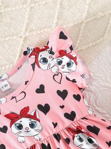 3pcs/Set Cute Casual Cartoon Cat & Heart Pattern Ruffle Sleeve Dress Set For Baby Girls, Suitable For Daily Wear And Outdoor In Summer - Red - View 7