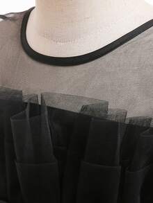 纯色蝴蝶结装饰薄纱优雅连衣裙，适合生日派对，不含头饰 - 黑色 - 查看 6