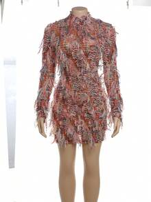 Street Style Sexy Colorful Fringe Long Sleeve Fitted Mini Dress