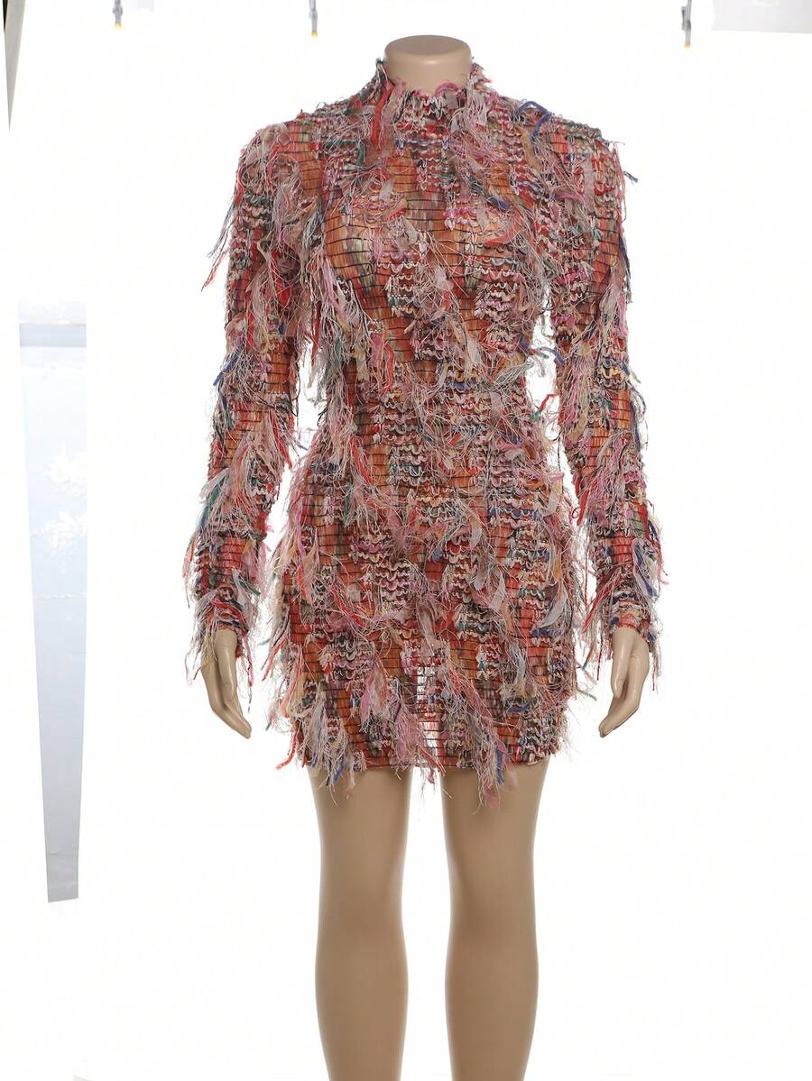 Street Style Sexy Colorful Fringe Long Sleeve Fitted Mini Dress