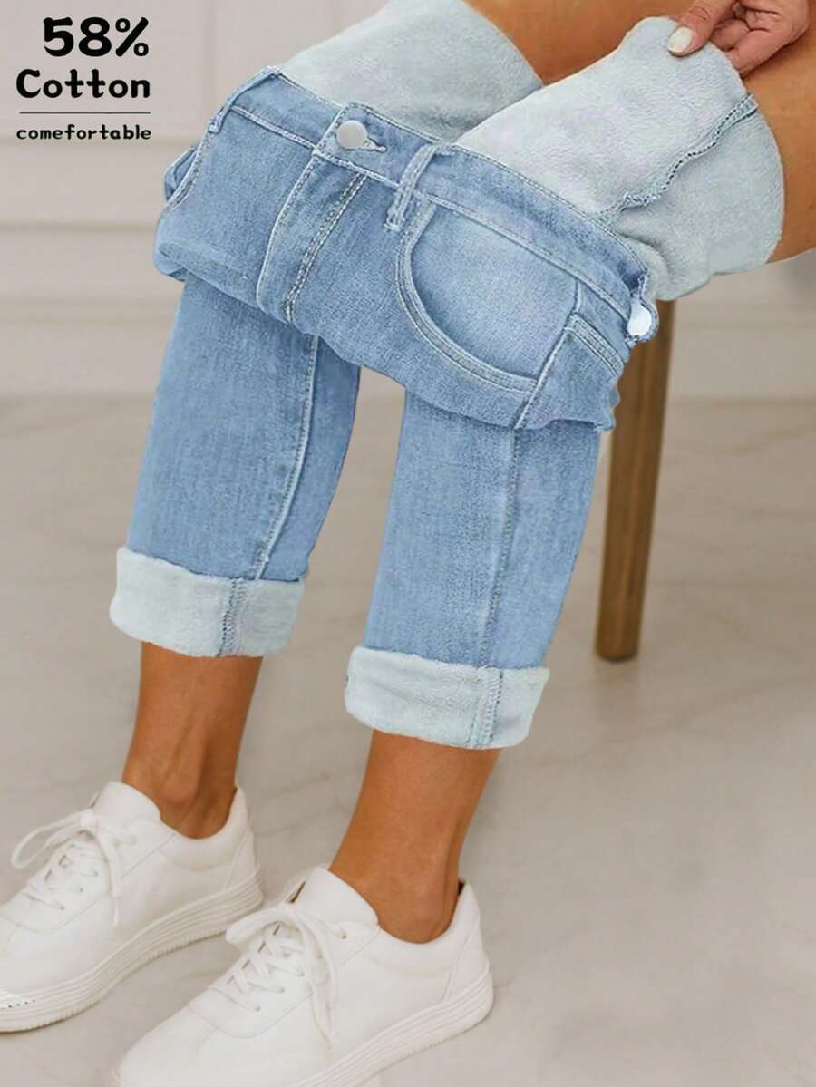 女士休闲直筒牛仔裤，带拉链，保暖内衬，中度弹力面料 - 淺色水洗藍 - 查看 1