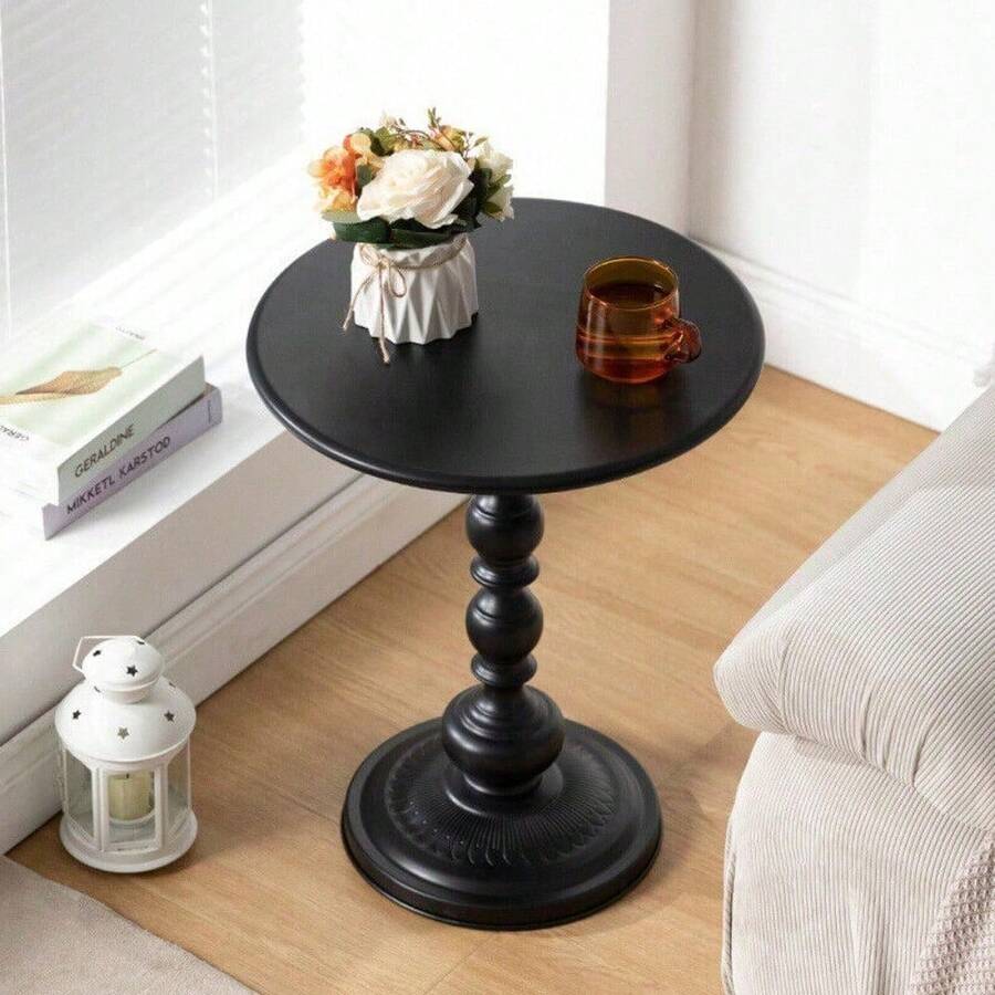 Metal Round Side Table Vintage End Table Small Accent Pedestal Table Nightstand - Black - View 1