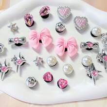 24pcs Silver & Pink Bow, Heart, Flower ABS Decorative Accessories, Suitable For Women Sandals, Slippers, Beach Bags Charms, Great For Holidays, Birthday Party Gifts - Silver Pink - View 8