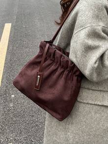 秋冬时尚复古麂皮手提包，休闲百搭女士单肩包，拉链封口，褶皱设计，优雅配色，大容量水桶包，适合日常通勤、约会、购物等场合。 - 彩色 - 查看 11