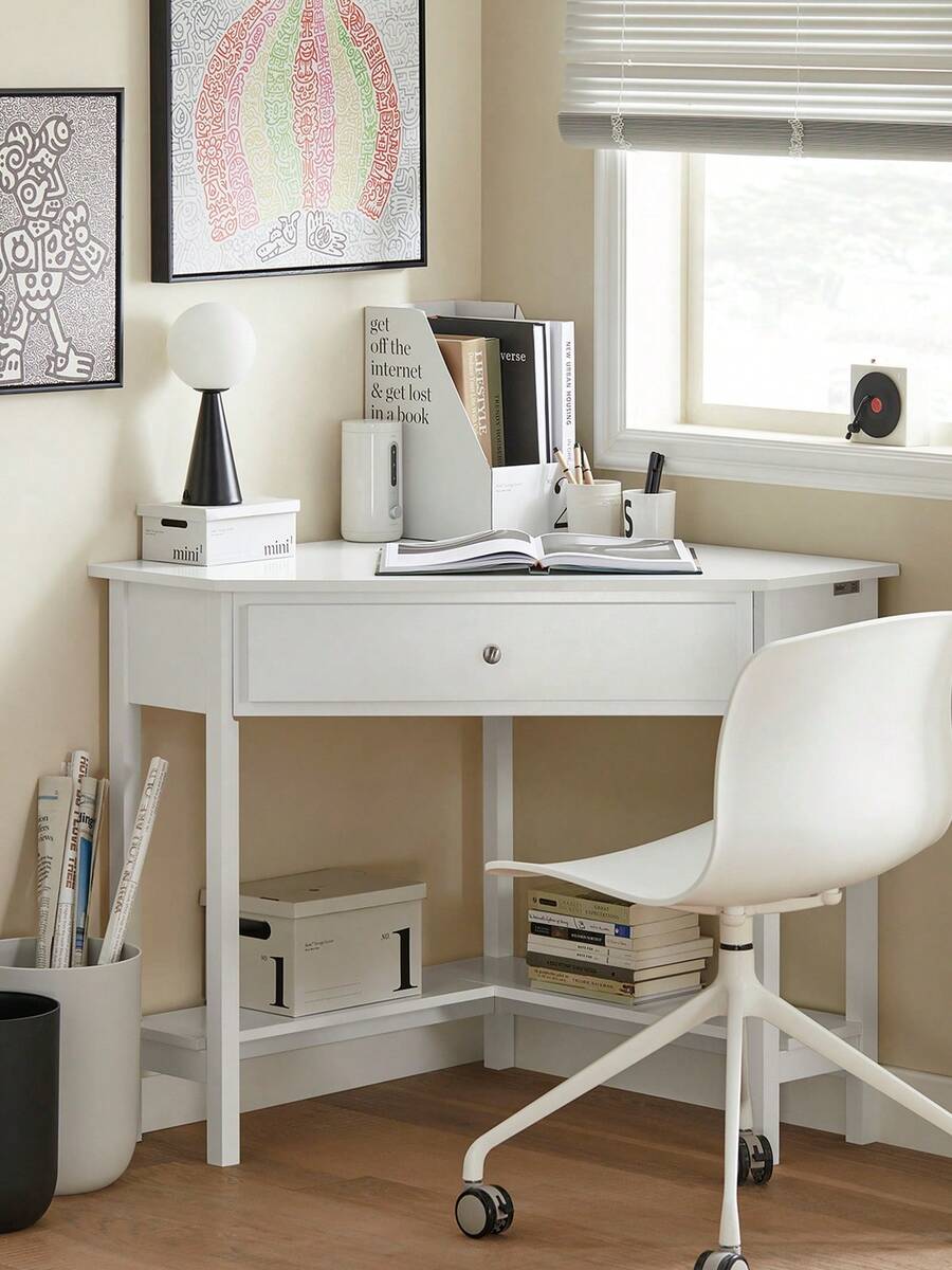 SoBuy FWT31-W, White Corner Desk, Triangle Table Desk With Drawer, Home Office Desk Computer Workstation - White - View 1