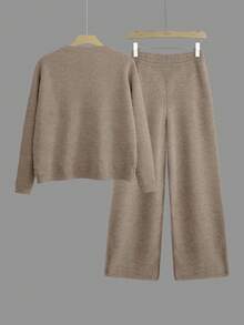 女士加厚针织毛衣和阔腿裤两件套，宽松版型，保暖家居服，返校季服装，校园穿搭灵感，返校必备单品，开学第一天穿搭，2026返校季穿搭 - 駝色 - 查看 4