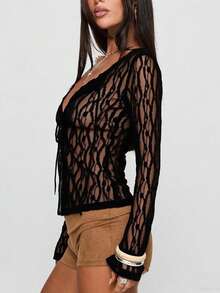 Women's Fashion Flower Lace Transparent Top Long Sleeve Round Neck Bow Tie Front Elegant Casual Top Daily Street Wear - 黑色 - 查看 3