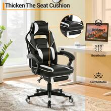 Silla de videojuegos, silla de juegos con soporte lumbar de masaje y reposapiés Silla de videojuegos ergonómica grande y alta ajustable en altura con asiento giratorio y reposacabezas para oficina en casa - Blanco y Negro - Ver 5