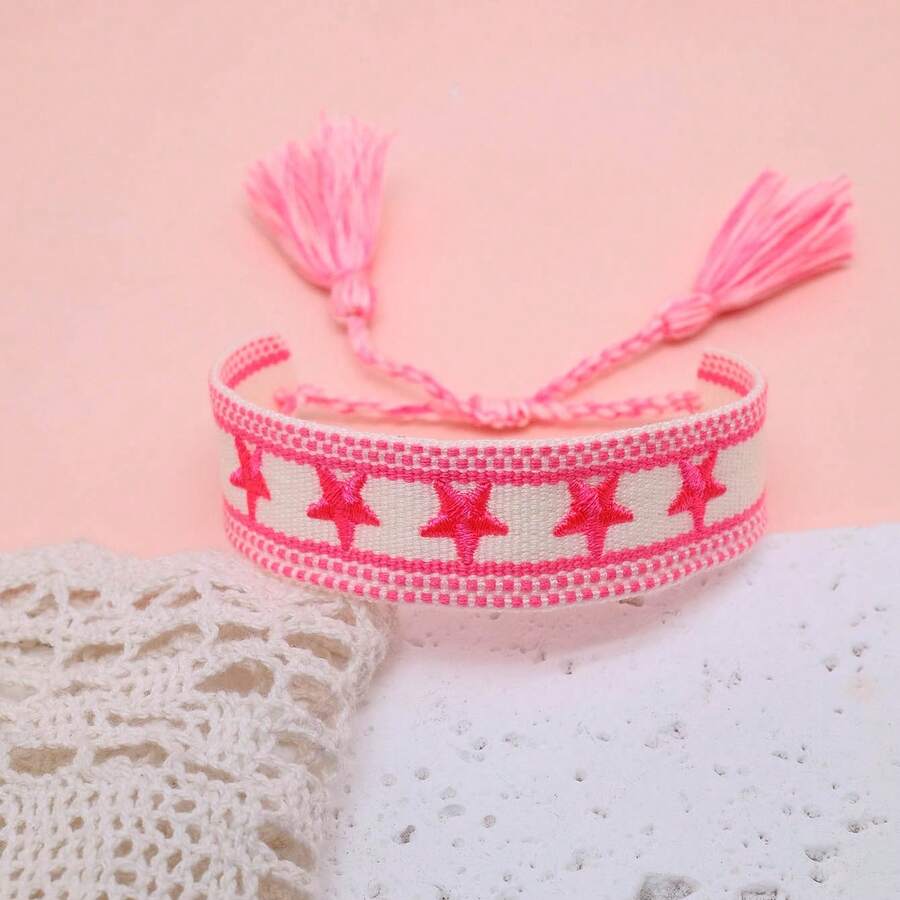1pc Embroidered Pentagram Handmade Braided Bracelet - Pink - View 1