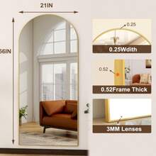 56"X21"Full Length Mirror Arch Floor Mirrors With Aluminum Alloy Frame Free-Standing Wall Mounted Or Leaning Large Bedroom Dressing Mirror Modern & Contemporary Decor For Home,Gold,Selfie Mirror, Apartment Friendly - 金色 - 查看 5