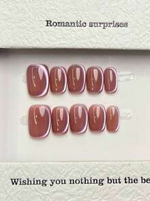 10片手工美甲片，椭圆方形亚克力按压式美甲，短款/中款，极简粉色美甲，闪亮猫眼美甲，简约优雅奢华手工美甲，秋季美甲，秋季按压式美甲，可爱美学，百搭美甲，DIY假指甲，派对日常及约会适用，海滩热带度假适用，可重复使用，适合女性和女孩作为礼物，美甲用品，手工按压式美甲 - 粉色 - 查看 2