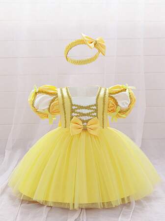 Baby Girls' Purple Puff Sleeve Embroidered Mesh Luxurious Princess Dress, Suitable For Parties