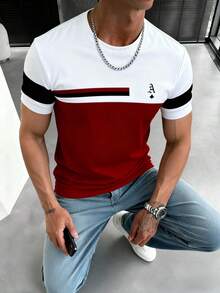 Men's Contrast Color Short Sleeve T-Shirt, Comfortable & Breathable, Design Suitable For Summer Wear - Red - View 2