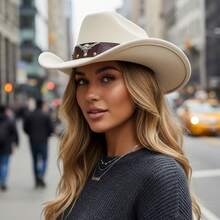 Women Men Western Cowgirl Hats Fashionable Bull Head Wide Brim Fedora Caps For Outdoor Travel - 米色 - 查看 1