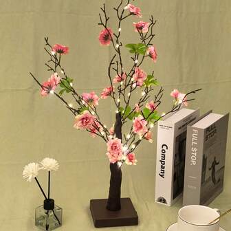 1个LED枯萎玫瑰树灯，塑料桌面装饰发光树灯，适用于卧室、床头柜、客厅、派对、婚礼装饰、母亲节装饰（不含电池）