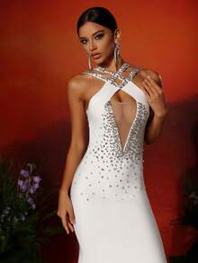 Love Aing Women's White Halter Handmade Rhinestone Mesh Splice Sexy Ball Gown Elegant High-End Evening Party Dress, Wedding Guest Formal Gown - White - View 9