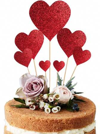 7件套闪亮红色心形蛋糕装饰插牌，适合情人节、浪漫派对甜点装饰