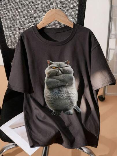 1pc Cat Graphic Print Grey Pullover Short Sleeve T-Shirt, Suitable For Tween Boys In Summer