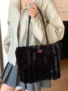 New Autumn/Winter Plush Underarm Handbag, Striped Tote Bag, Casual Large Capacity Plush Bag, Korean Fashion Shoulder Bag - Multicolor - View 7