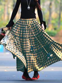 格子休闲优雅可爱女裙 - 咖色+黑色格子 - 查看 3