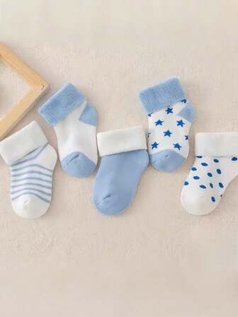 5 Pairs Newborn Baby Warm Thermal Lined Socks, Autumn/Winter