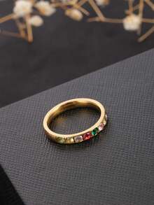 1 chiếc nhẫn kim cương vuông lớn bằng thép không gỉ, nhẫn đính đá Cubic Zirconia hình vuông nhỏ đơn giản mạ vàng 18K, thích hợp cho trang phục hàng ngày của phụ nữ, đám cưới, quà tặng cho mẹ/vợ - Nhẫn vàng họa tiết hình học đính đá zircon nhân tạo nhiều màu sắc - Xem 2