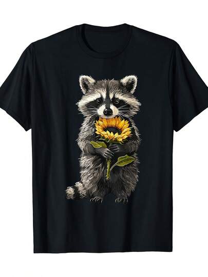 Camiseta de Algodón Suave para Mujer con Diseño Divertido de Mapache y Girasol - Regalo Ideal para el Día de la Madre, Camisa Casual Perfecta para Cada Día, Ajuste Cómodo, Idea de Cumpleaños o Día de la Madre