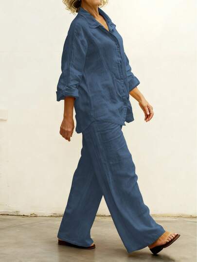 Conjunto de 2 piezas de talla grande para primavera/verano/otoño: Cardigan casual con cuello polo, blusa elegante de unicolor versátil, pantalones sueltos con cintura elástica cómoda y suave, estilo árabe