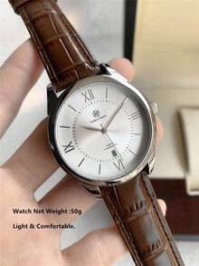 Pablo Raez 1pc Men's Fashion Watch, SUS304 Stainless Steel Silver IPS Case, Roman Numeral & Bar Scale Dial, Date, Minimalist Design Dial, Brown Faux Leather Strap, Casual Water Resistant Quartz, Suitable For Work, School, Daily Life, Gift For Men, Business Luxury