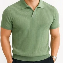 Men's Ribbed Cotton Polo Shirt With V-Neck – Sophisticated Style And Perfect Fit - Green - View 2