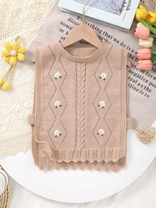 女童春夏秋季针织麻花圆领刺绣镂空侧边无袖背心 - 卡其色 - 查看 1