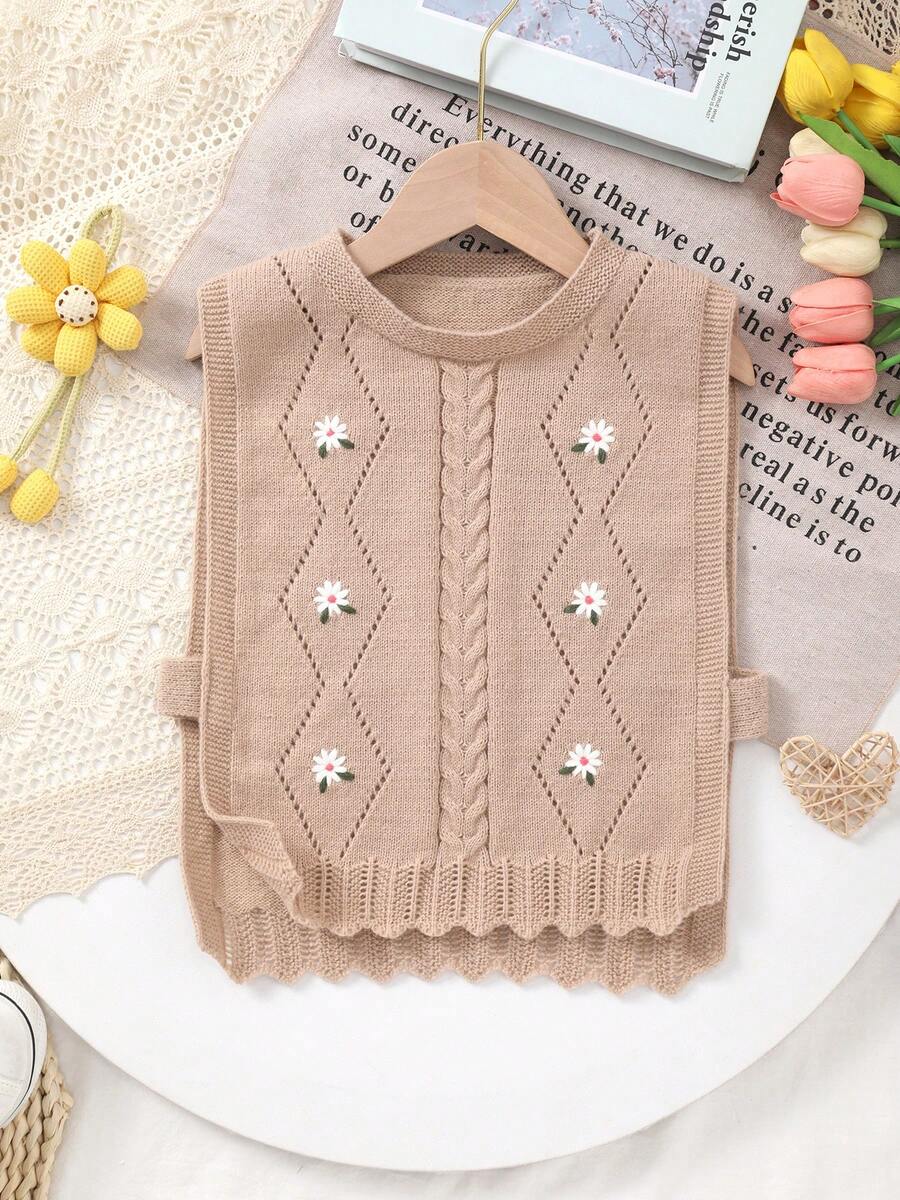 女童春夏秋季针织麻花圆领刺绣镂空侧边无袖背心 - 卡其色 - 查看 1