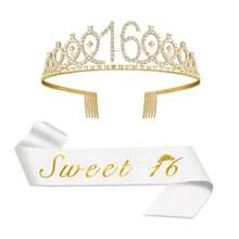 Trang trí tiệc sinh nhật lần thứ 16 cho bé gái với dây thắt lưng màu trắng, vương miện đính đá Rhinestone, quà tặng sinh nhật lần thứ 16 cho bé gái bộ màu vàng trắng - Nhiều màu - Xem 2
