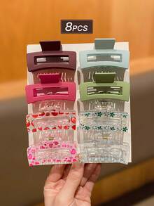 8个/套女士发夹，多种颜色可选，纯色和印花款式，时尚简约，中号方形和半圆形发夹，适合日常佩戴，仅限女性，女士礼物，女士爪夹时尚发饰，优雅发爪花朵发夹夏季穿搭 - 彩色 - 查看 4