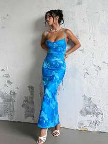 2026夏季新款欧美风印花口袋翻领吊带连衣裙，性感优雅收腰修身连衣裙，多种颜色可选，适合毕业派对、度假、海滩、女士晚礼服、粉色婚纱等春季场合。 - 藍色 - 查看 3