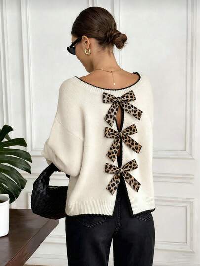 Women's Fashionable Elegant Bow Shoulder Long Sleeve Sweater, Bow Decoration On The Back,Fall For Women,Going Out ,Chic Sweater, Fall For Women,New Year ,Party,Graduation ,Casual, Prom ,Going Out Tops Winter Casual | Sweater For Women