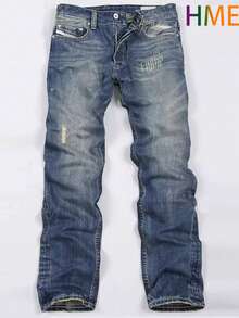 235 Minimalist Casual Men's Jeans Fall/Winter New Arrival Heavyweight Denim Trousers Retro Washed Lightning Pattern Natural Faded White Finish Mid-Rise Design With Contoured Cut Stretch Denim Fabric, Machine Washable Built-In YKK Zipper Closure All-Season Wear Suitable For Business Or Casual Occasions Fashionable Vintage-Inspired Men's Jeans - 藏蓝色 - 查看 1